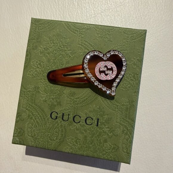 NEW GUCCI HAIR CLIP ON BROWN CRYSTAL Heart GG 100% Authentic main image 4